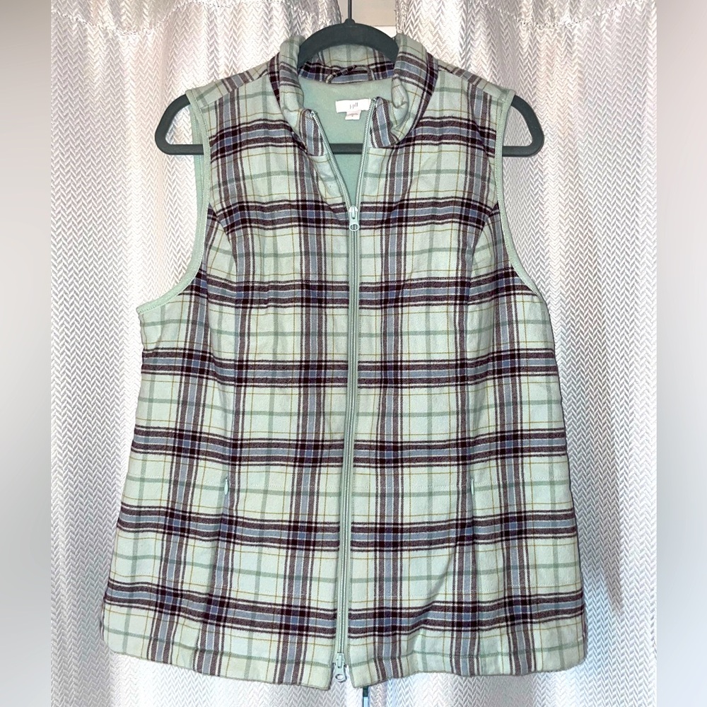 J JILL FLEECE LINED PLAID FLANNEL VEST